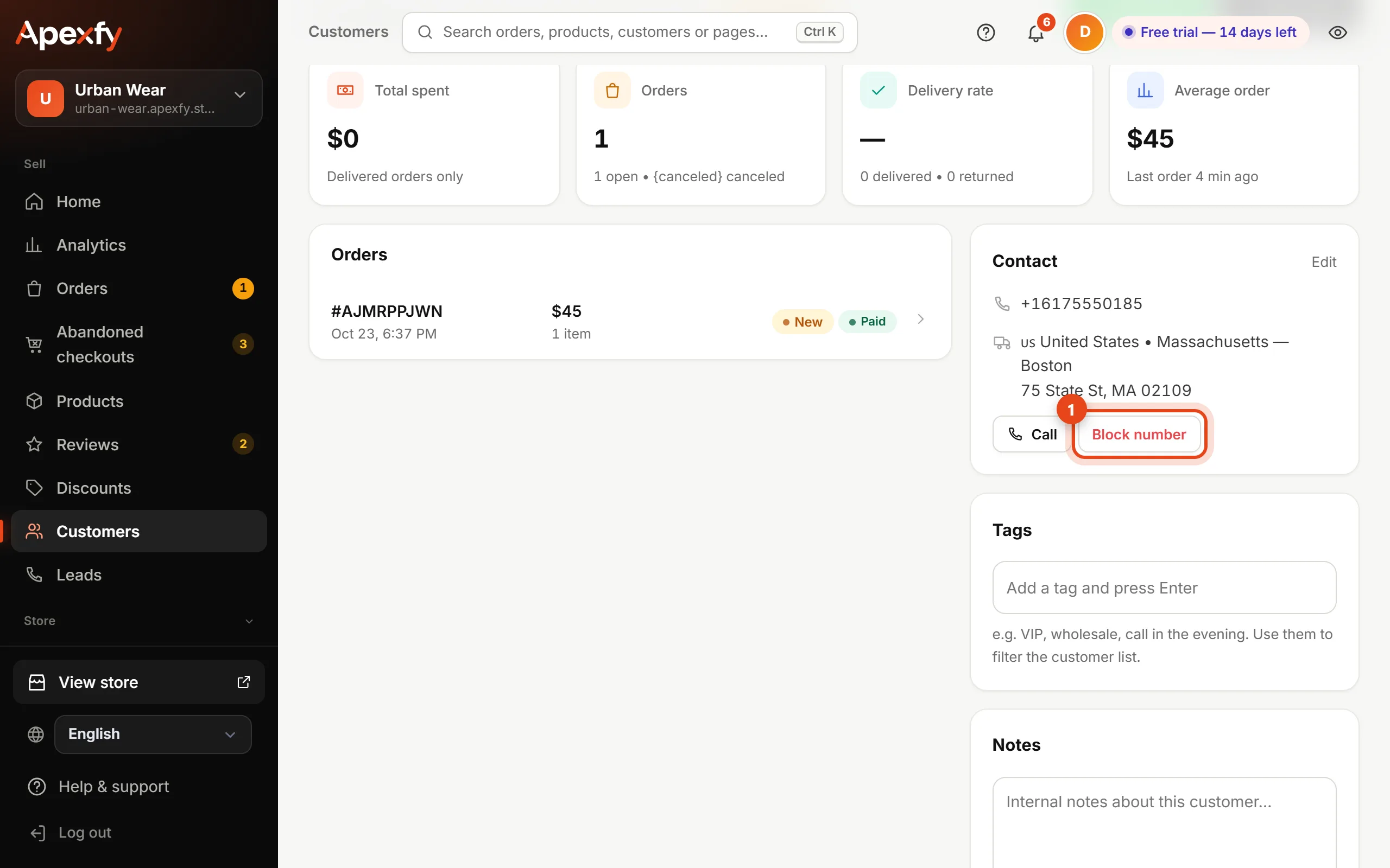The customer profile and the Block button
